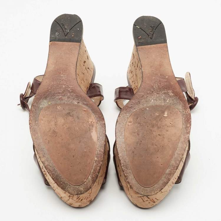 Pre Owned Prada Burgundy Vernice Saffiano Leather Cork Wedge Ankle Strap Sandals Size 40