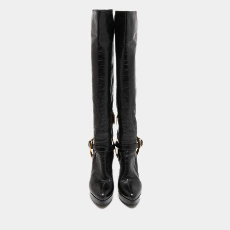Pre Owned Prada Black Leather Platform Knee Length Boots Size 38.5