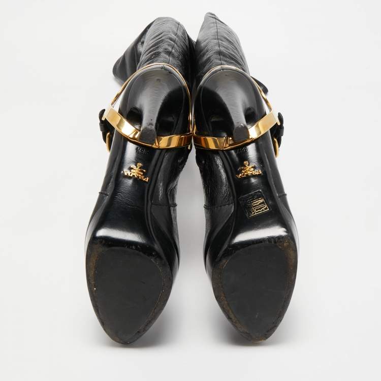 Pre Owned Prada Black Leather Platform Knee Length Boots Size 38.5