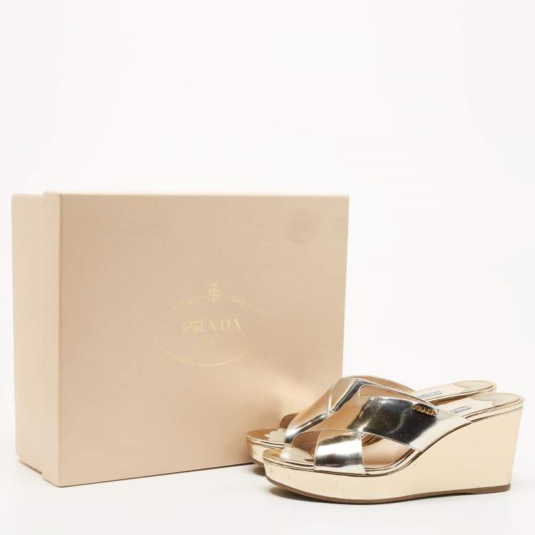 Pre Owned Prada Gold Foil Leather Criss Cross Wedge Platform Slides Sandals Size 38