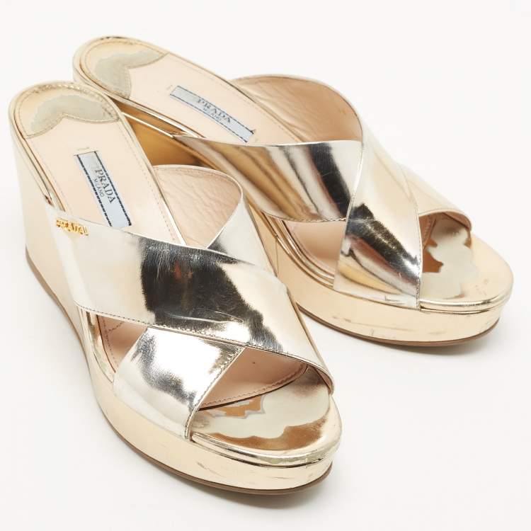 Pre Owned Prada Gold Foil Leather Criss Cross Wedge Platform Slides Sandals Size 38