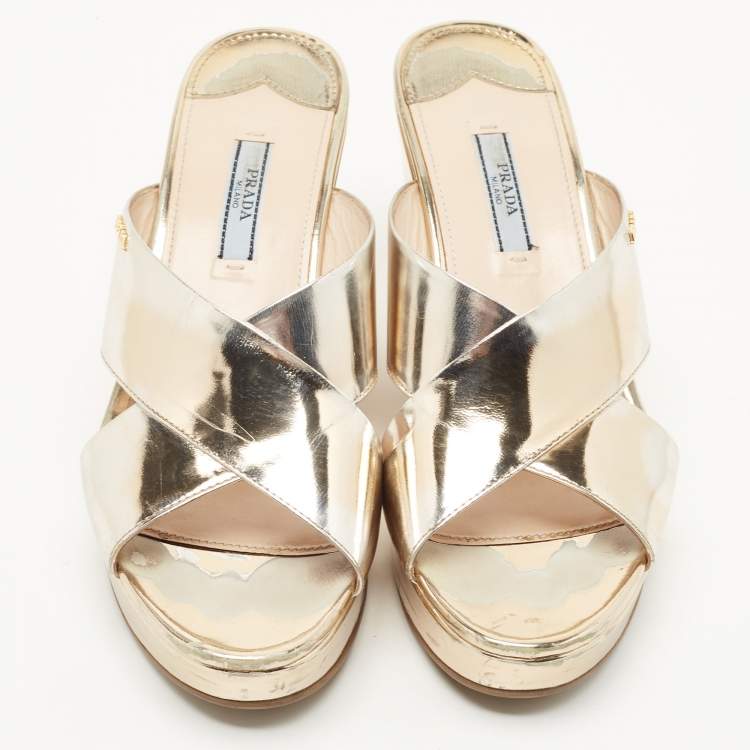 Pre Owned Prada Gold Foil Leather Criss Cross Wedge Platform Slides Sandals Size 38