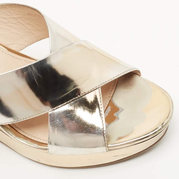 Pre Owned Prada Gold Foil Leather Criss Cross Wedge Platform Slides Sandals Size 38