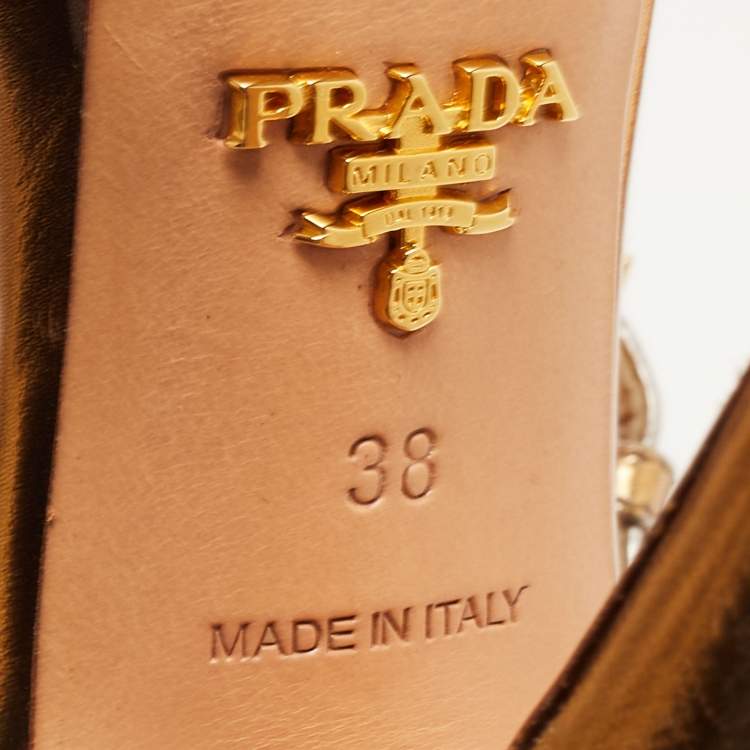 Pre Owned Prada Metallic Leather Crystal Embellished T-Strap Platform Sandals Size 38