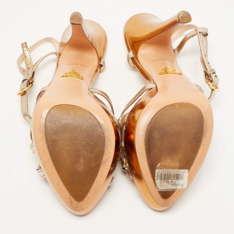 Pre Owned Prada Metallic Leather Crystal Embellished T-Strap Platform Sandals Size 38