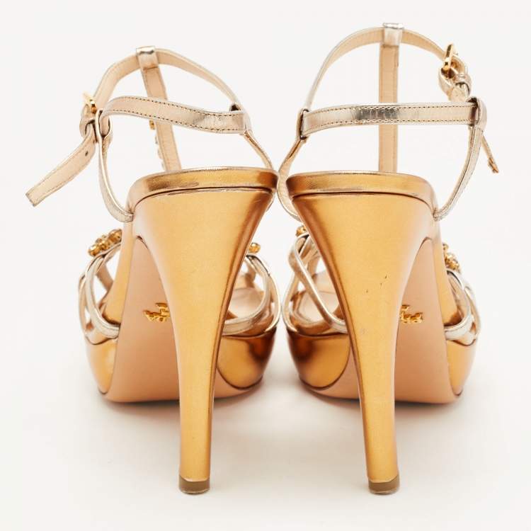 Pre Owned Prada Metallic Leather Crystal Embellished T-Strap Platform Sandals Size 38