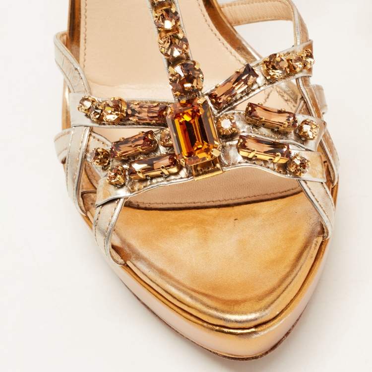 Pre Owned Prada Metallic Leather Crystal Embellished T-Strap Platform Sandals Size 38