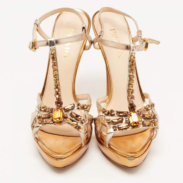 Pre Owned Prada Metallic Leather Crystal Embellished T-Strap Platform Sandals Size 38
