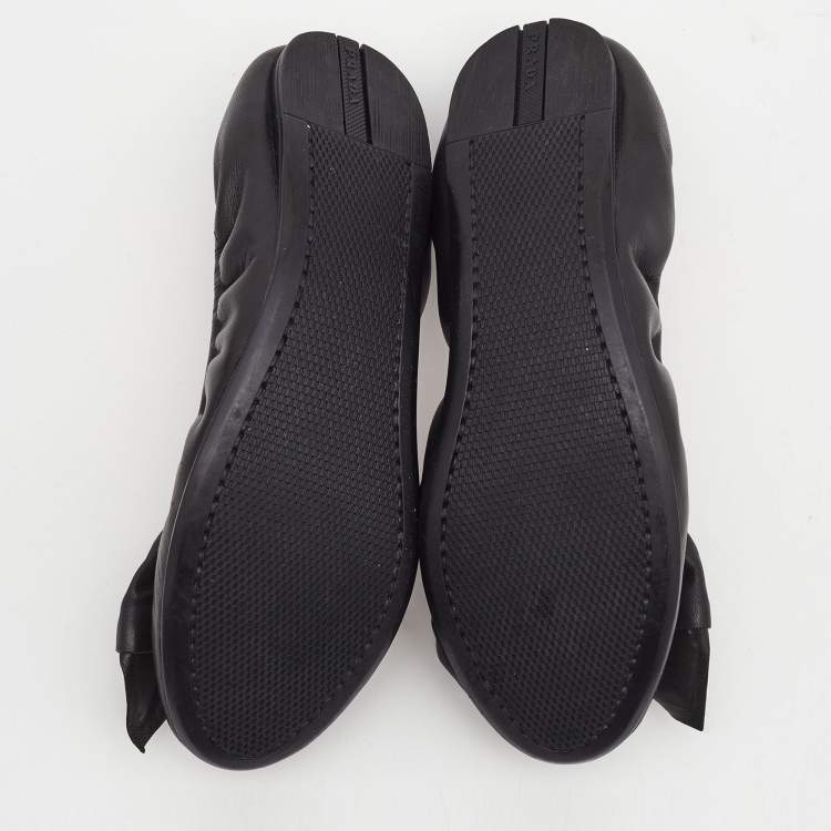 Pre Owned Prada Black Leather Bow Scrunch Ballet Flats Size 37.5