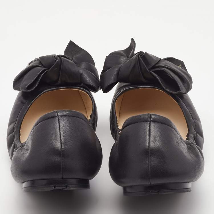 Pre Owned Prada Black Leather Bow Scrunch Ballet Flats Size 37.5
