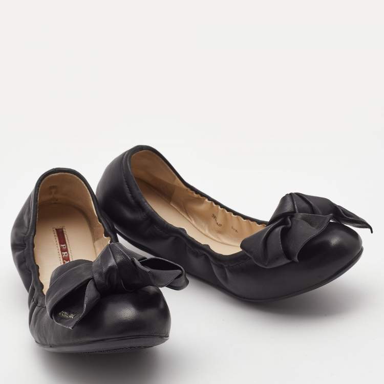 Pre Owned Prada Black Leather Bow Scrunch Ballet Flats Size 37.5