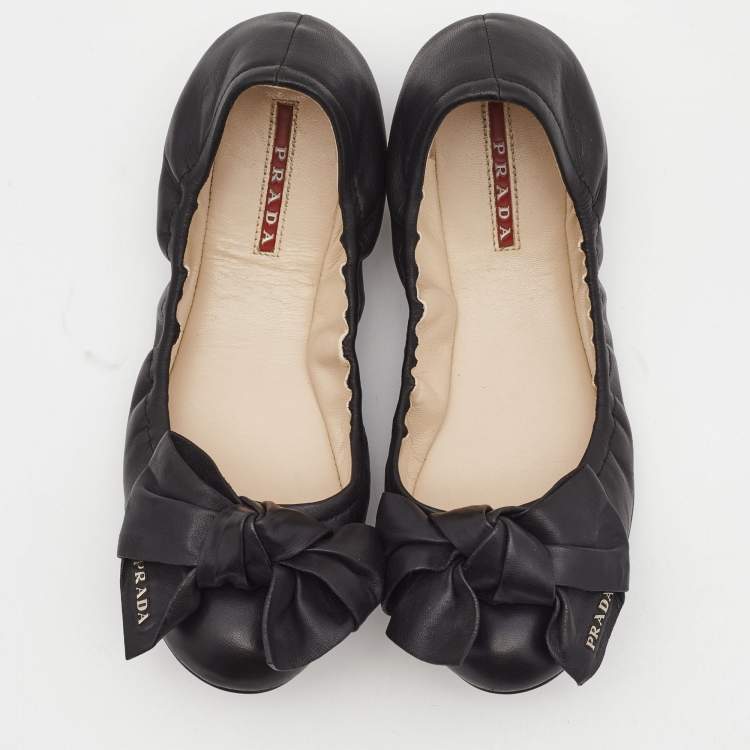 Pre Owned Prada Black Leather Bow Scrunch Ballet Flats Size 37.5