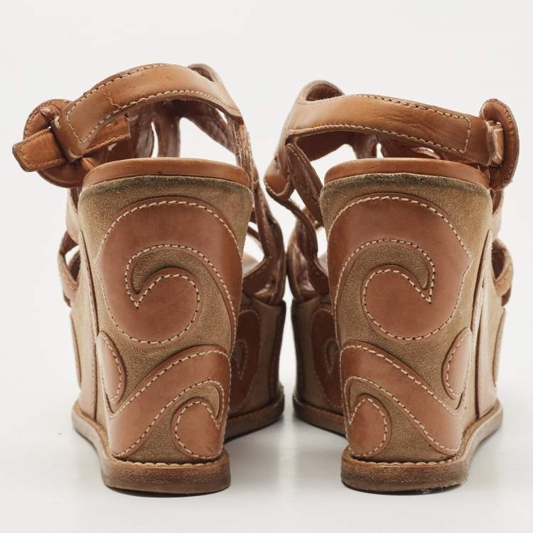 Pre Owned Prada Brown Leather Cut Out Wedge Sandals Size 36.5
