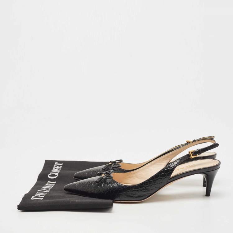 Pre Owned Prada Black Croc Embossed Leather Bow Slingback Pumps Size 37.5