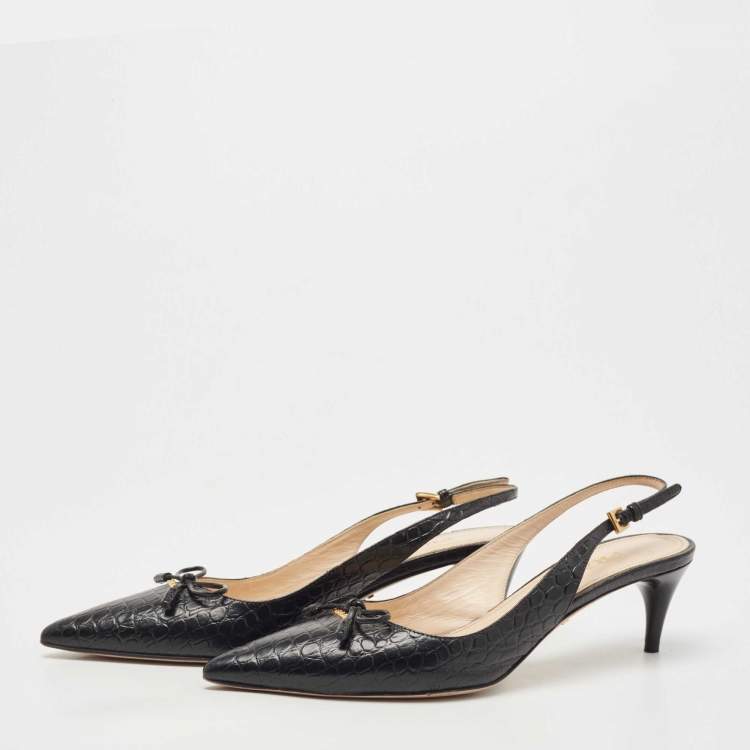 Pre Owned Prada Black Croc Embossed Leather Bow Slingback Pumps Size 37.5