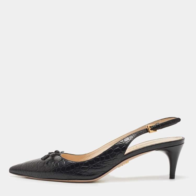 Pre Owned Prada Black Croc Embossed Leather Bow Slingback Pumps Size 37.5