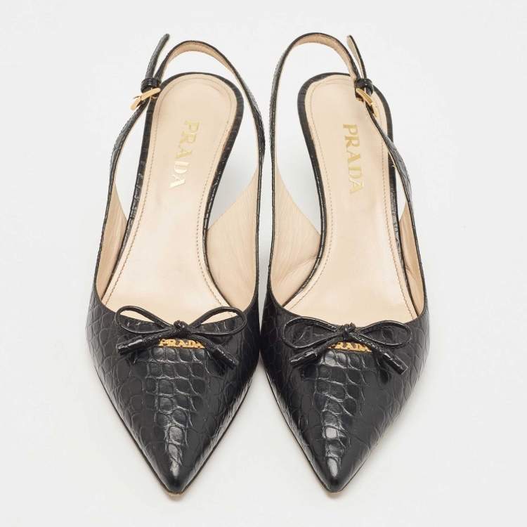 Pre Owned Prada Black Croc Embossed Leather Bow Slingback Pumps Size 37.5