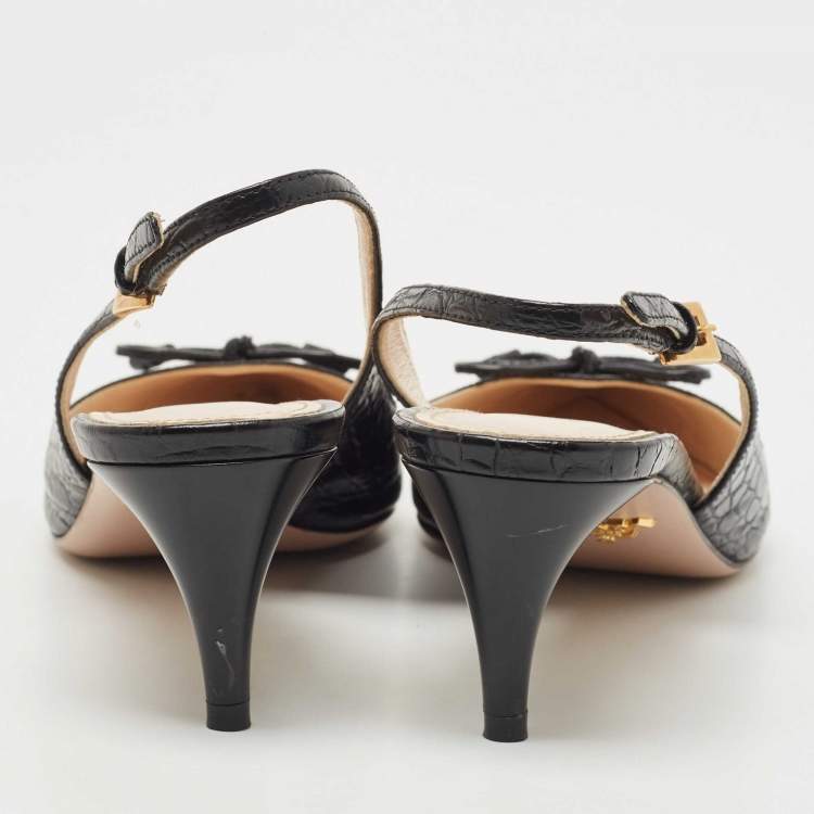 Pre Owned Prada Black Croc Embossed Leather Bow Slingback Pumps Size 37.5
