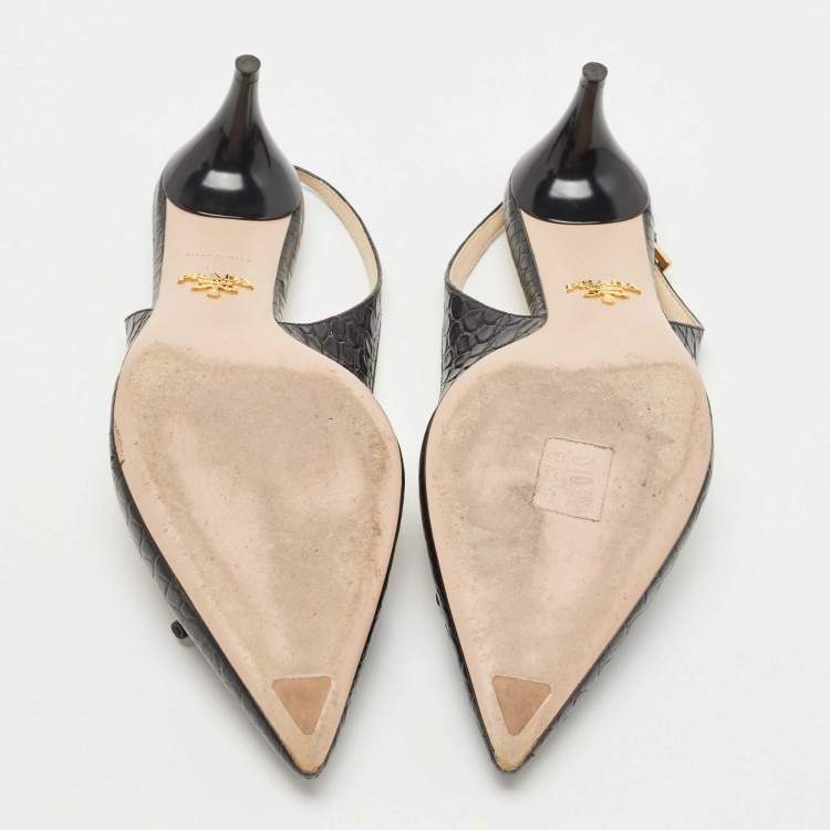 Pre Owned Prada Black Croc Embossed Leather Bow Slingback Pumps Size 37.5