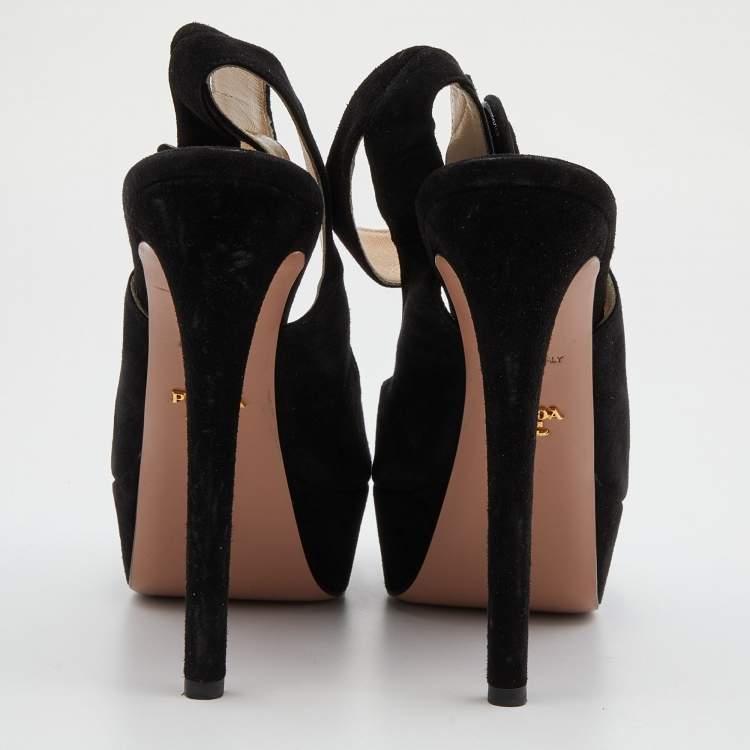 Pre Owned Prada Black Suede Peep Toe Platform Ankle Strap Sandals Size 40