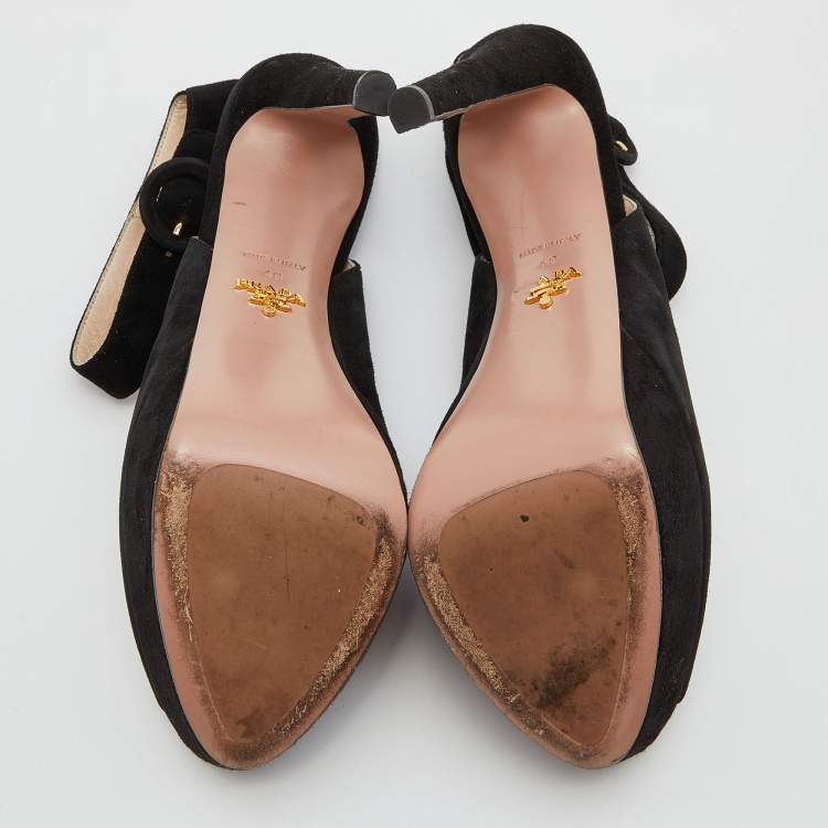 Pre Owned Prada Black Suede Peep Toe Platform Ankle Strap Sandals Size 40