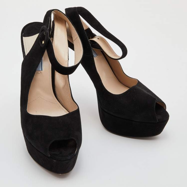 Pre Owned Prada Black Suede Peep Toe Platform Ankle Strap Sandals Size 40