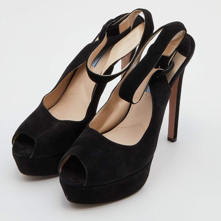 Pre Owned Prada Black Suede Peep Toe Platform Ankle Strap Sandals Size 40
