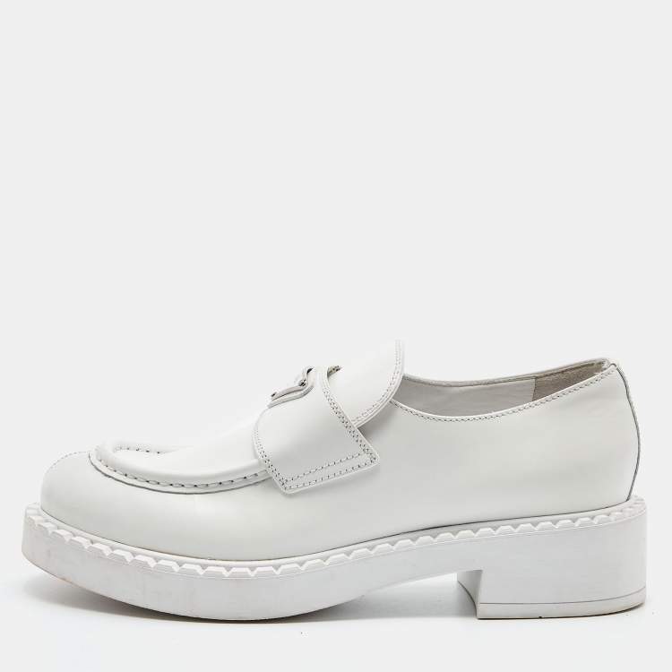 Pre Owned Prada White Leather Slip On Loafers Size 37.5