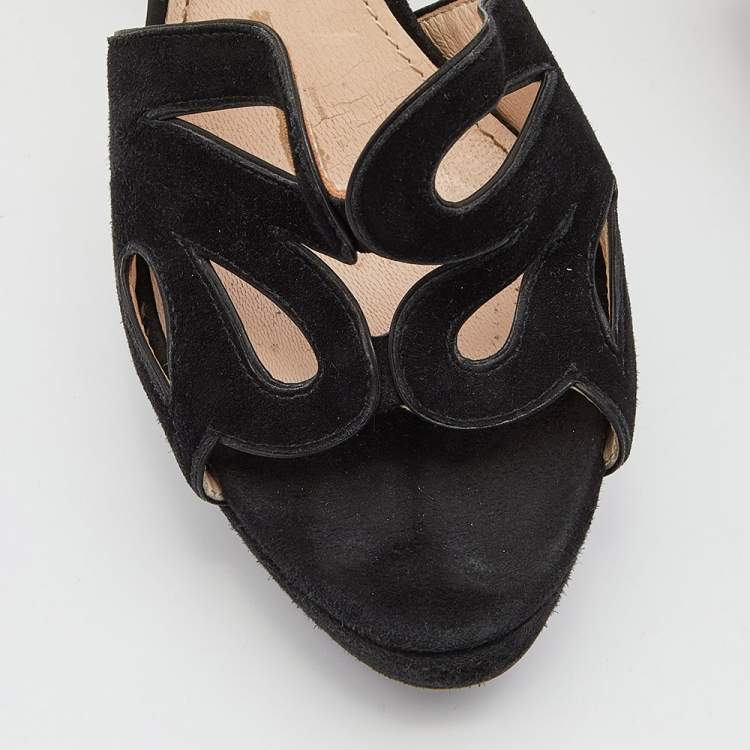 Pre Owned Prada Black Suede Platform Ankle Strap Sandals Size 38.5