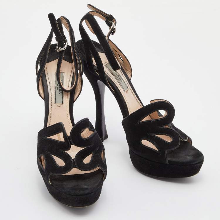 Pre Owned Prada Black Suede Platform Ankle Strap Sandals Size 38.5