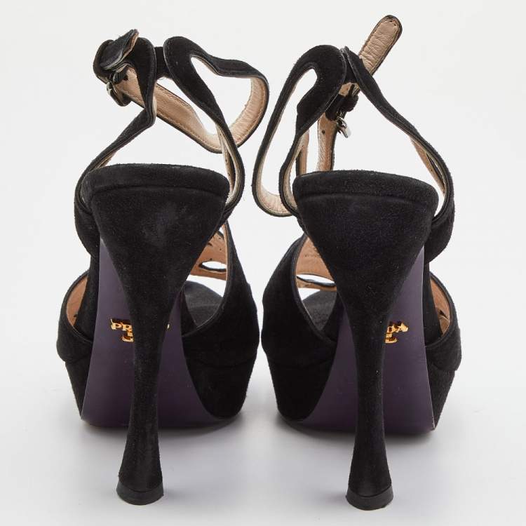 Pre Owned Prada Black Suede Platform Ankle Strap Sandals Size 38.5