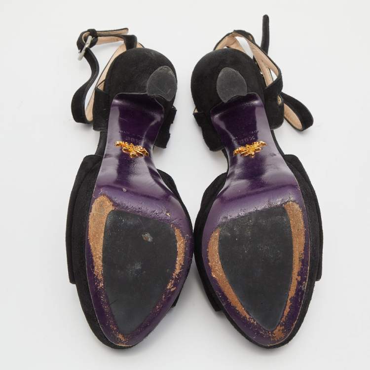 Pre Owned Prada Black Suede Platform Ankle Strap Sandals Size 38.5