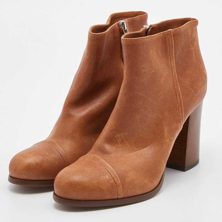 Pre Owned Prada Tan Leather Zip Ankle Boots Size 39
