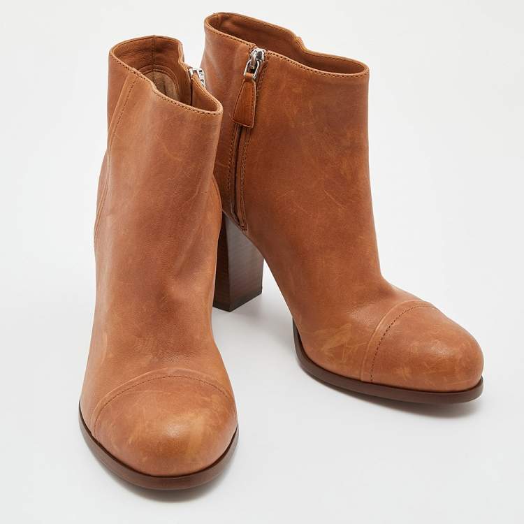 Pre Owned Prada Tan Leather Zip Ankle Boots Size 39