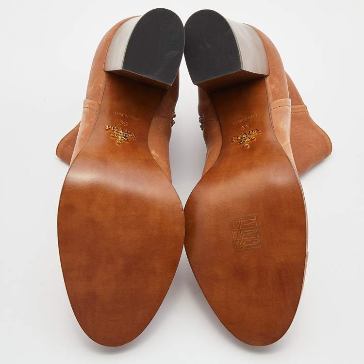 Pre Owned Prada Tan Leather Zip Ankle Boots Size 39