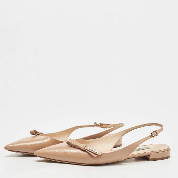 Pre Owned Prada Beige Vernice Saffiano Leather Bow Slingback Flats Size 40