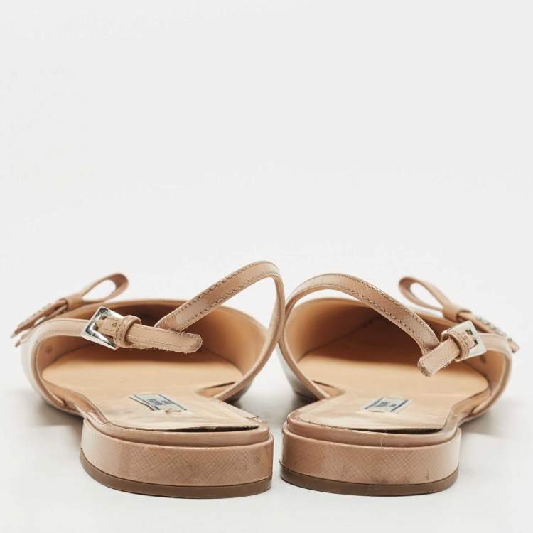 Pre Owned Prada Beige Vernice Saffiano Leather Bow Slingback Flats Size 40