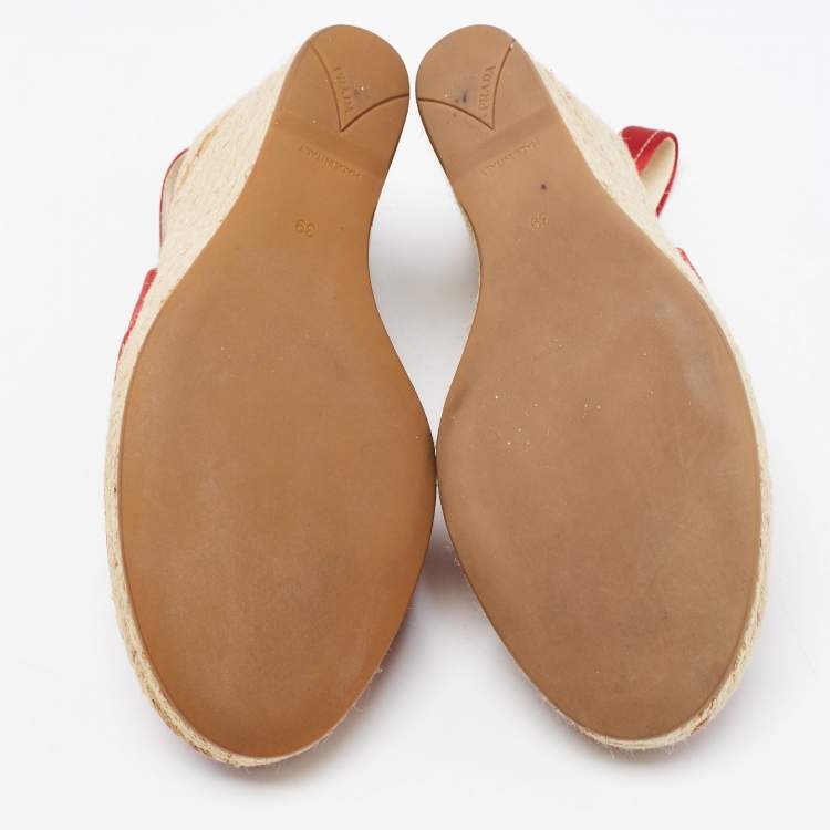 Pre Owned Prada Red Satin Espadrille Platform Wedge Slingback Sandals Size 39