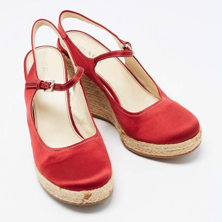 Pre Owned Prada Red Satin Espadrille Platform Wedge Slingback Sandals Size 39