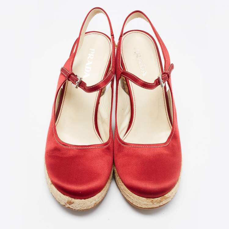 Pre Owned Prada Red Satin Espadrille Platform Wedge Slingback Sandals Size 39