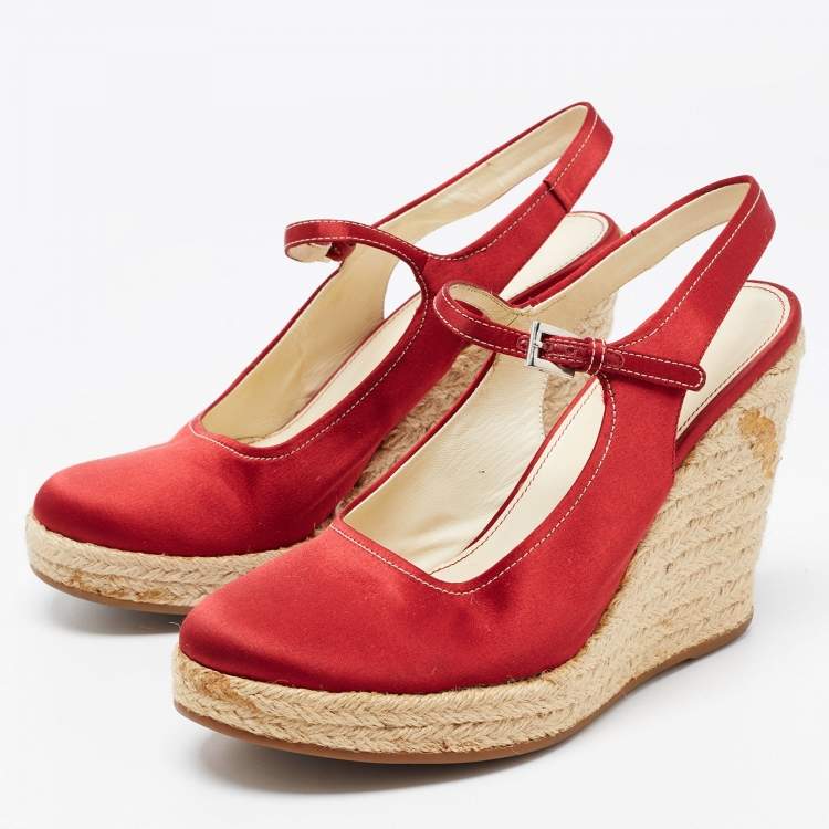 Pre Owned Prada Red Satin Espadrille Platform Wedge Slingback Sandals Size 39