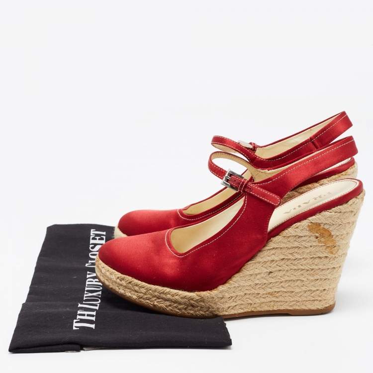 Pre Owned Prada Red Satin Espadrille Platform Wedge Slingback Sandals Size 39