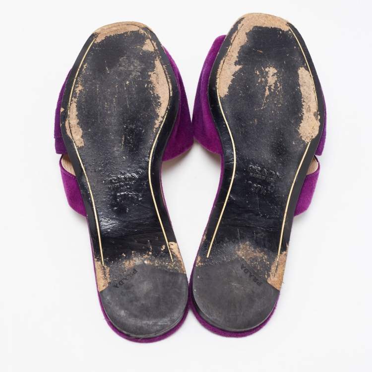 Pre Owned Prada Purple Crystal Embellished Flat Slides Size 37.5