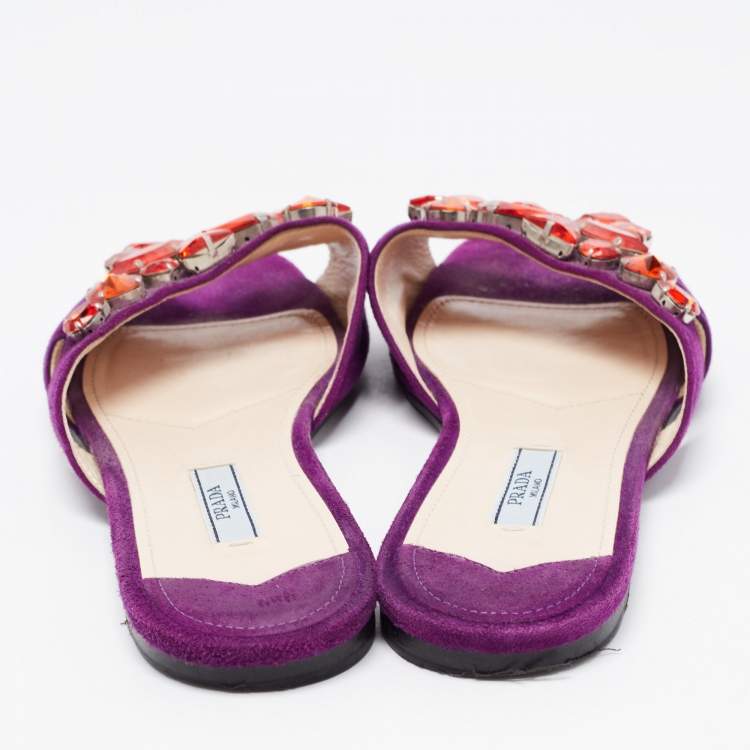 Pre Owned Prada Purple Crystal Embellished Flat Slides Size 37.5