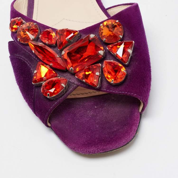 Pre Owned Prada Purple Crystal Embellished Flat Slides Size 37.5