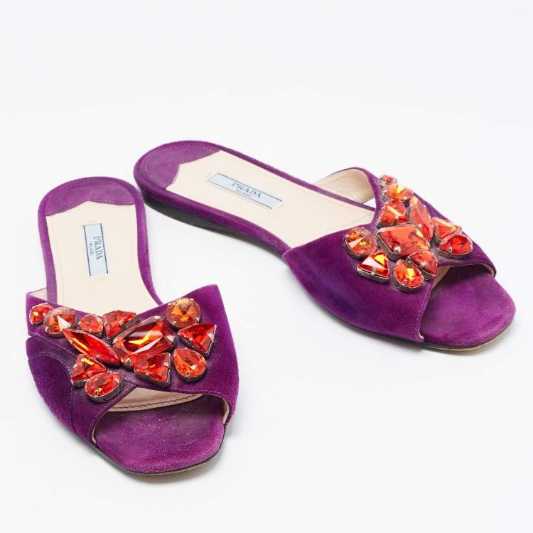 Pre Owned Prada Purple Crystal Embellished Flat Slides Size 37.5