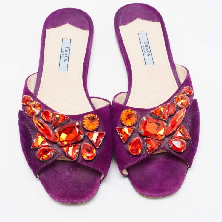 Pre Owned Prada Purple Crystal Embellished Flat Slides Size 37.5