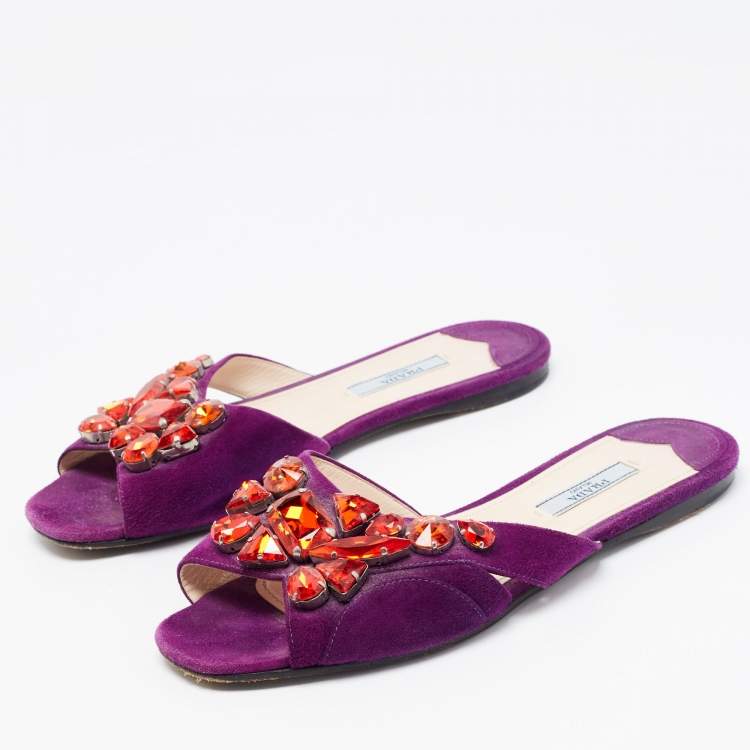 Pre Owned Prada Purple Crystal Embellished Flat Slides Size 37.5