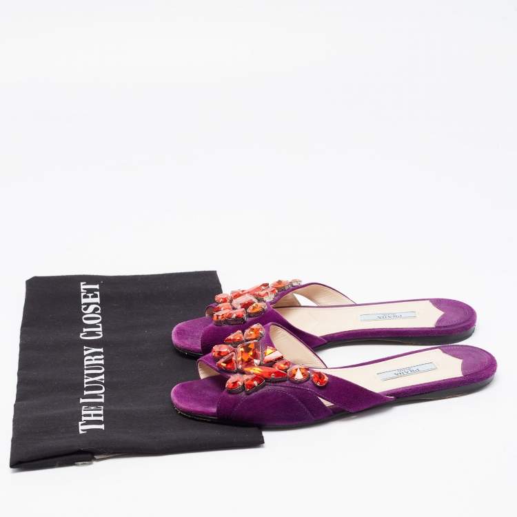 Pre Owned Prada Purple Crystal Embellished Flat Slides Size 37.5