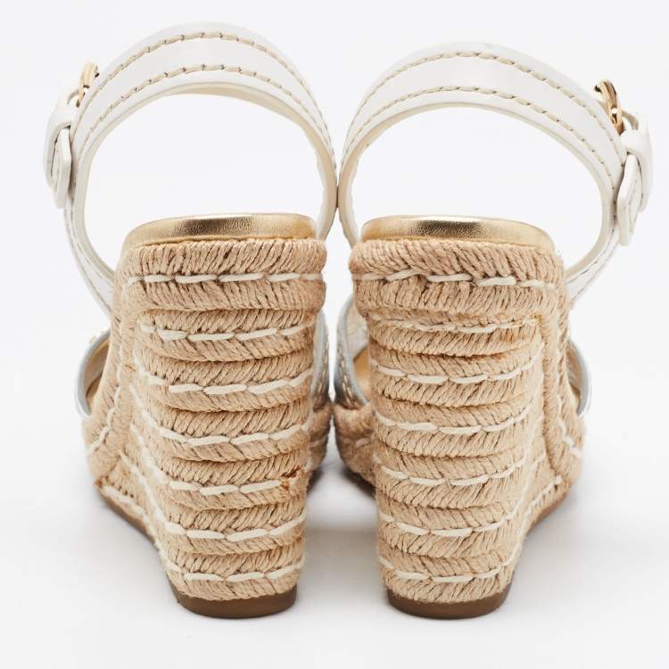 Pre Owned Prada Silver/White Leather Ankle Strap Platform Wedge Sandals Size 36